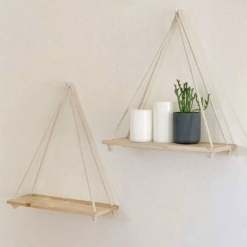 Wooden Swing Hanging Hemp Rope Wall Shelve Mounted Floating Home Living Room Plant Flower Pot Tray Storage Garden Decoration
