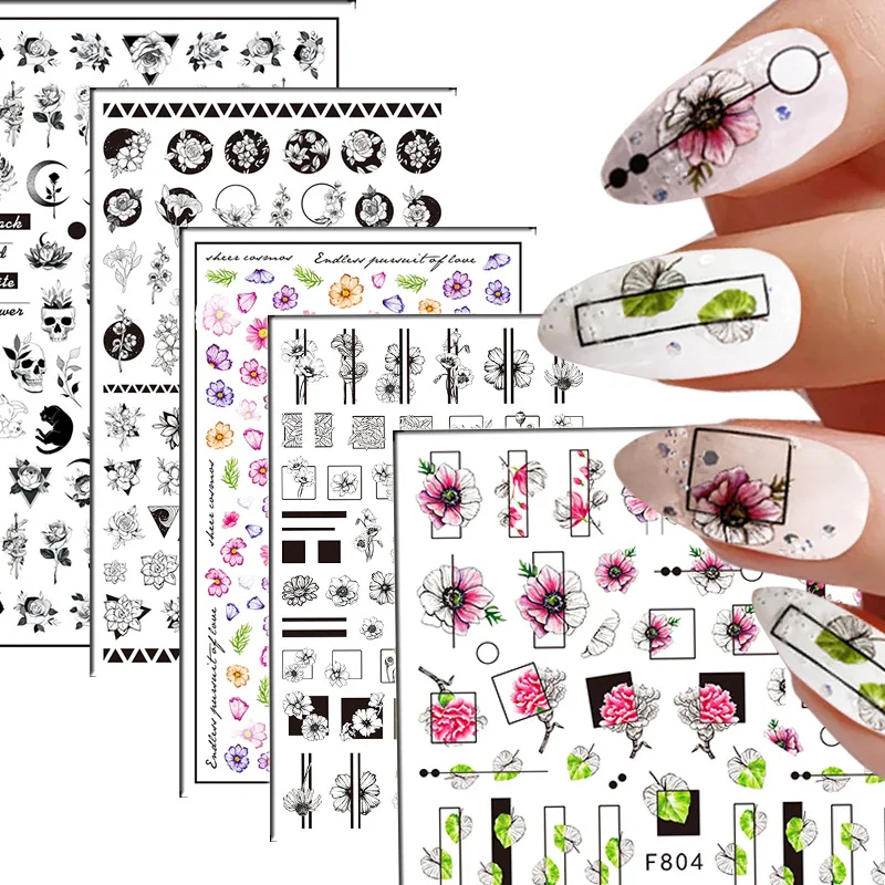 

2 Sheets Beauty Simple Sketch Flowers Vine Colorful Floret Pattern Adhesive Nail Art Stickers Decal Manicure Charms Accessories