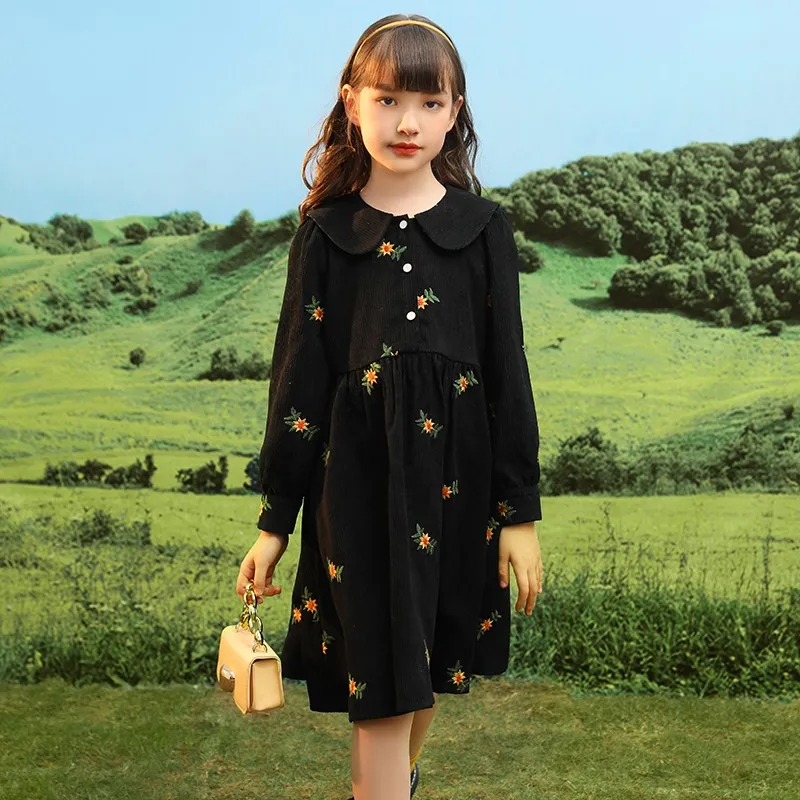 

2022 Floral Embroidery Dress For Girls Spring Autumn Long Sleeve Knee Length Gowns Kids Children Birthday Wedding Party Dresses