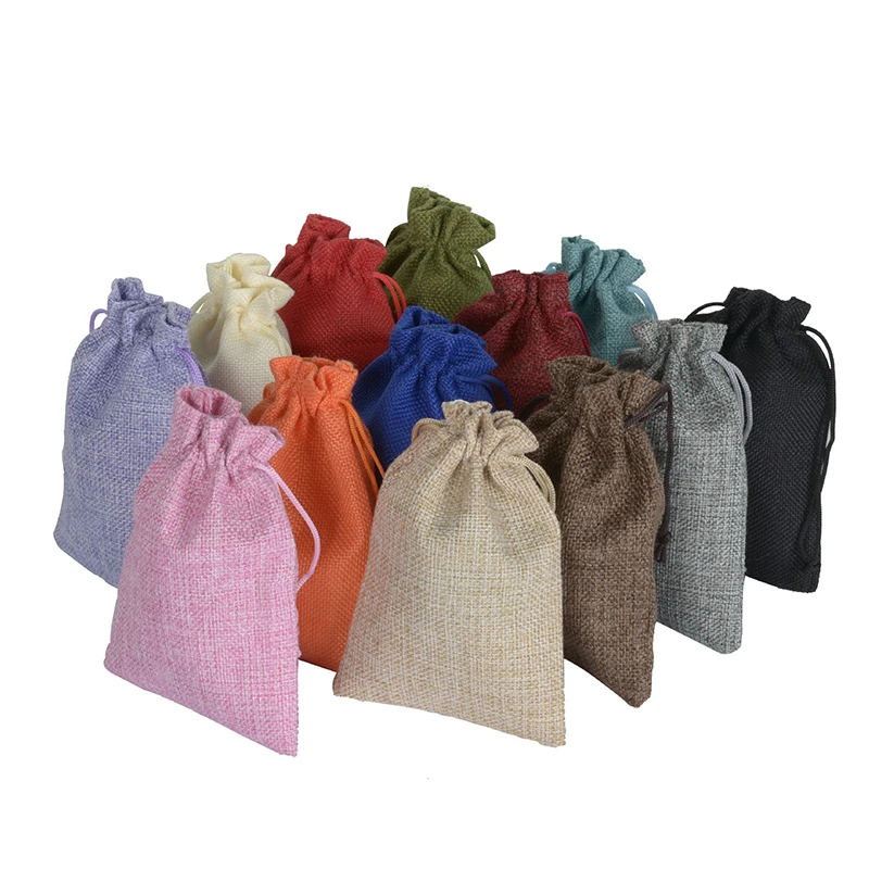 50pcs/lot 17x23cm Eco Burlap Jute Linen Drawstring Gift Bags Wedding Birthday Party Packaging Bags Supply Can Print Logo