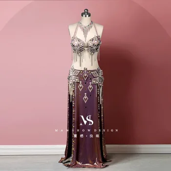 Customized Belly Dance Costumes Purple Gold Mirror Diamond Sexy Tassel Wrapped Buttocks Straight Tube Skirt Performance Costume
