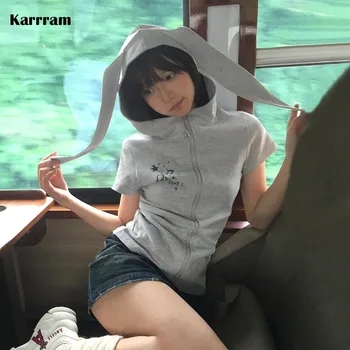 Karrram Japanese Y2k Hooded T-shirt Vintage 2000s Style Rabbit Ears Zipper Tops Harajuku Short Sleeve Thin Jacket Korean Popular 1