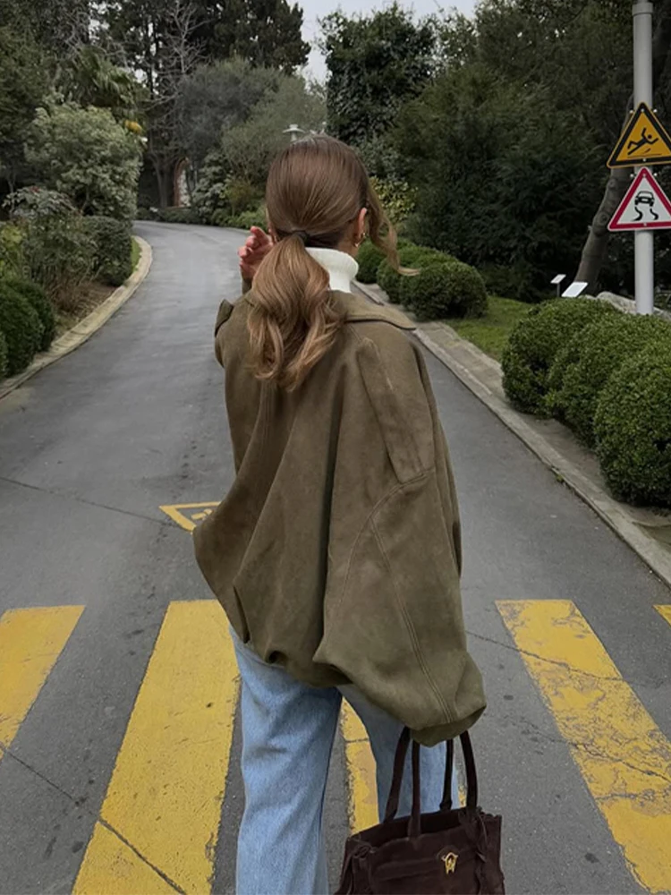 Women Fashion Green Suede Leather Short Jacket Oversized Zipper Long Sleeve Pockets Bomber Coat Lady Motorcycle Outwear 2025