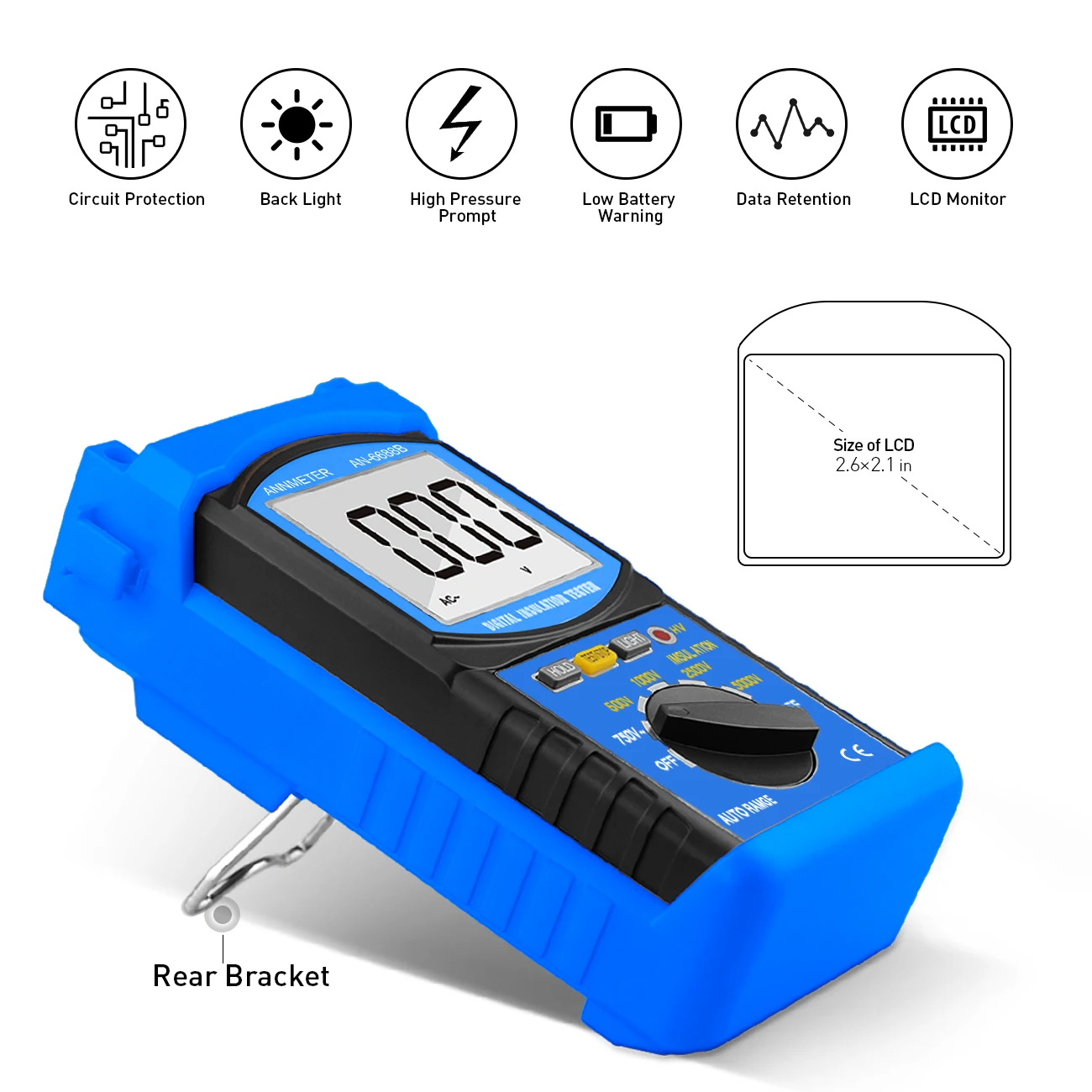 Megohmmeter 200 Gig Ohm Digital Insulation Resistance Tester 500V/1kV/2.5kV/5kV Auto Range Voltage Resistance Tester