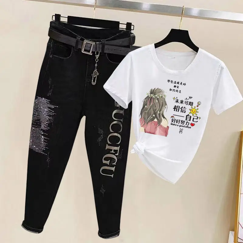 Spring/Summer 2023 New Letter Loose Slim Small Feet Haren Pants+Fashion Korean Short Sleeve T-shirt Jeans Two Piece Set