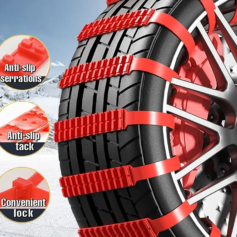 12pcs snow tire chain skid chain Adjustable nylon zipper tie track claw emergency strap Durable stable skid red
