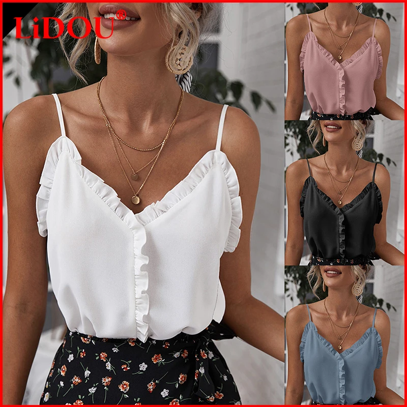 ladies bra T-shirt Women 2022 New Summer Temperament Sexy V-Neck Ruffles Backless Pullover Solid Chiffon Camisole Top Women's Clothing white bra