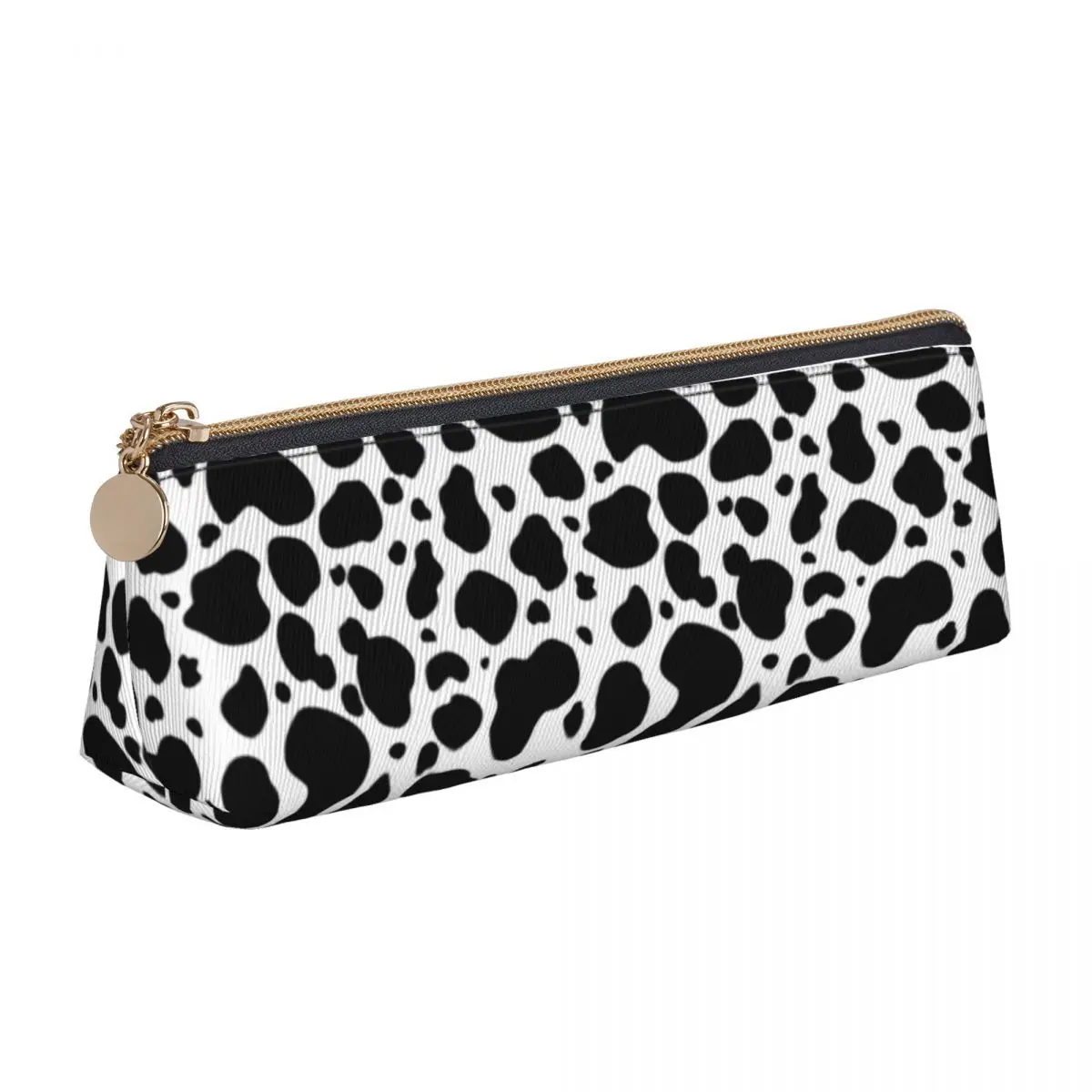 

Farm Animal Print Leather Pencil Case Black White Cow Spots School For Teens Zipper Pencil Box Vintage Large Triangle Pen Bags