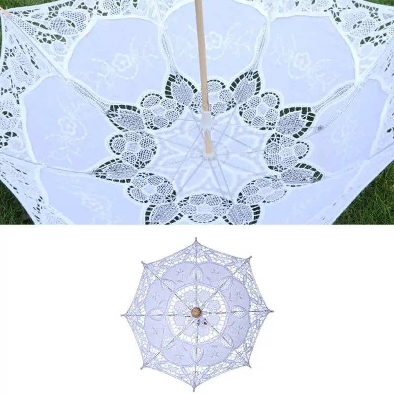 Womens Manual Opening Wedding Bridal Parasol Umbrella Hollow Out Embroidery Lace
