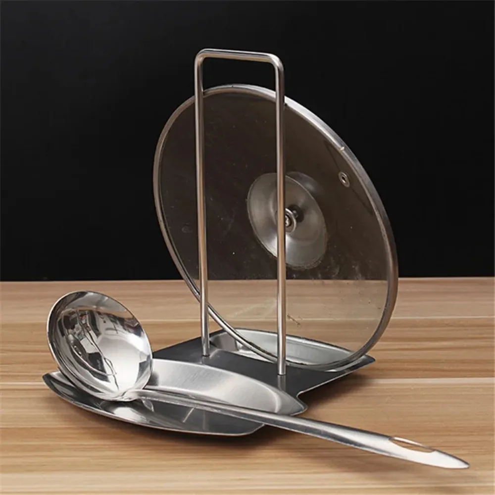 Stainless Steel Pan Pot Cover Stand Soup Spoon Holder Drain Rack Stove Organizer Storage Kitchen Accessories
