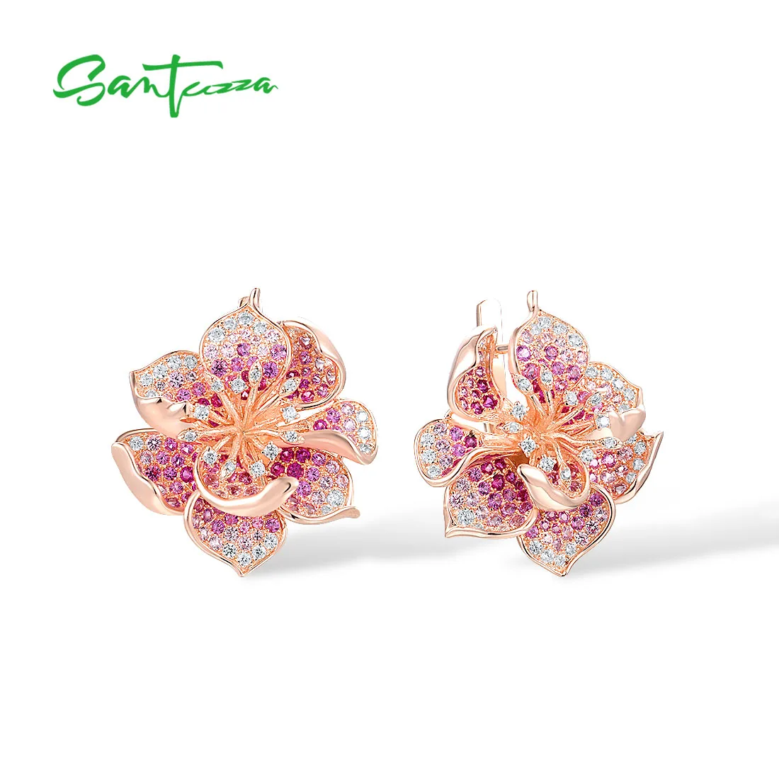 SANTUZZA 925 Sterling Silver Earrings For Women Lab Created Ruby/Pink Sapphire White CZ Gradient Flower Earrings Fine Jewelry