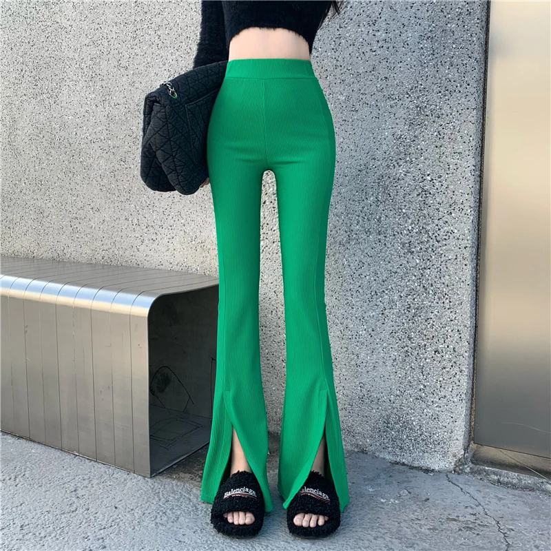 

New Year Bell Bottom Stretch Leggings Women Green Chic Flare Pants Korea Fashion Boots Cut Streetwear Spring Office Trousers