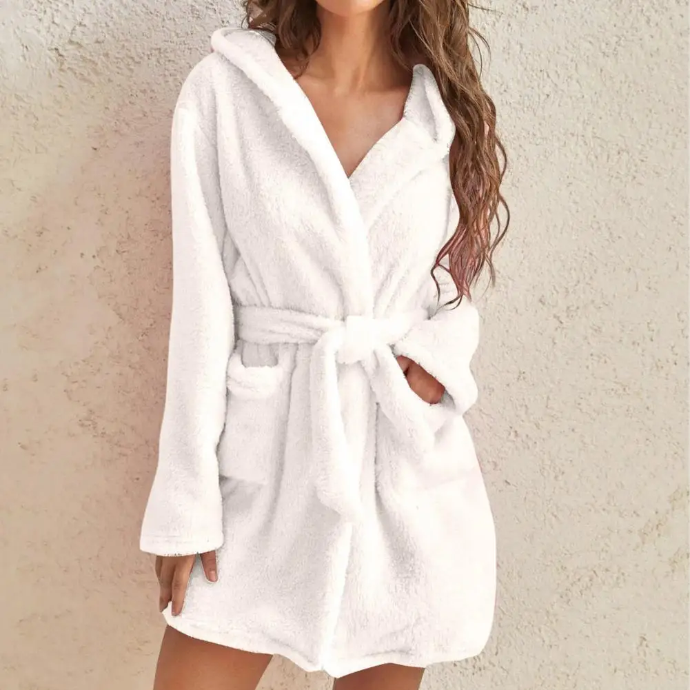 Women's Hooded Nightgown Plush Winter Bathrobe with Pockets Solid Color Tie Waist Flannel Pajamas for Home Sauna Vacation Party