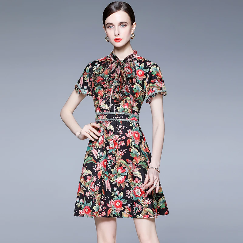 

2022 Spring Summer Fashion Gorgeous Flower Print Dress Women's Ruffled neckline Lace-Up Short Sleeve Floral Party Beach Dress