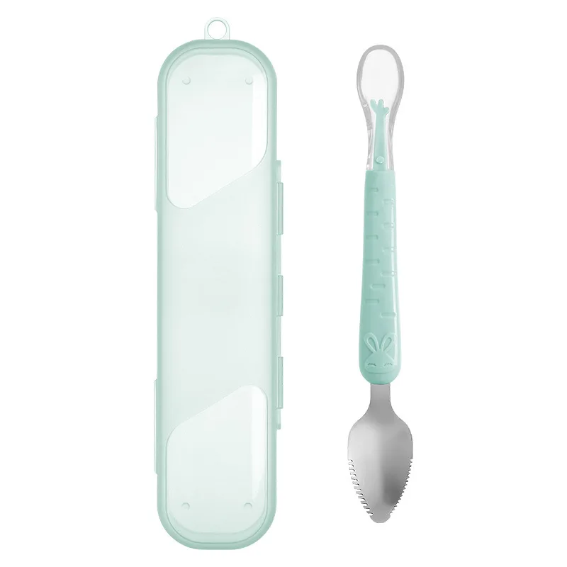 Baby Silicone Soft Spoon Stainless Steel Double Head Mud Scraping Fruit Mud Spoon Feeding Complementary Food silicone feeding spoon silicone cutlery set baby cutlery