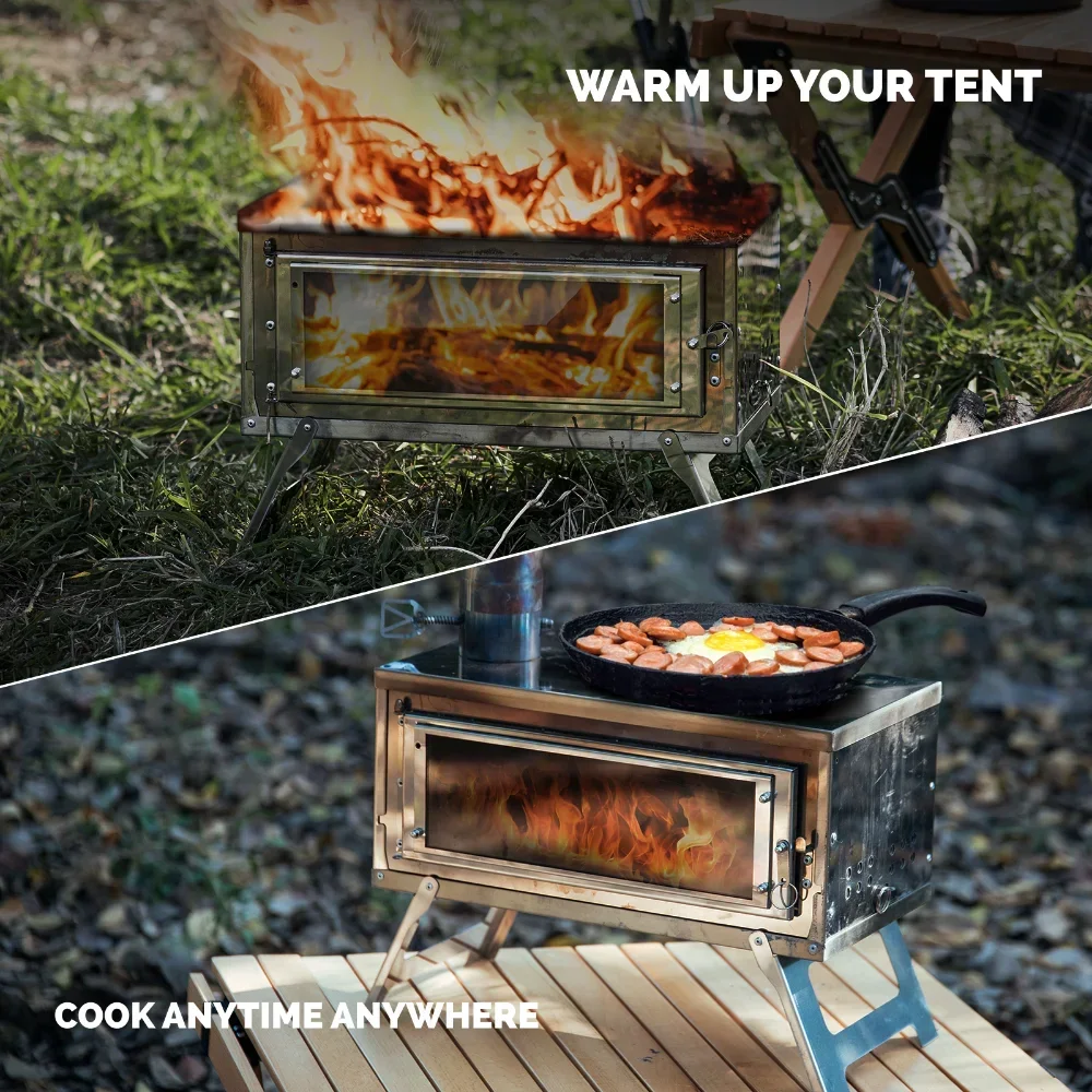 Wood Stove Secondary Combustion Assembly Compact Heat Resistant Glass Window with Chimney Outdoor Camping Stove