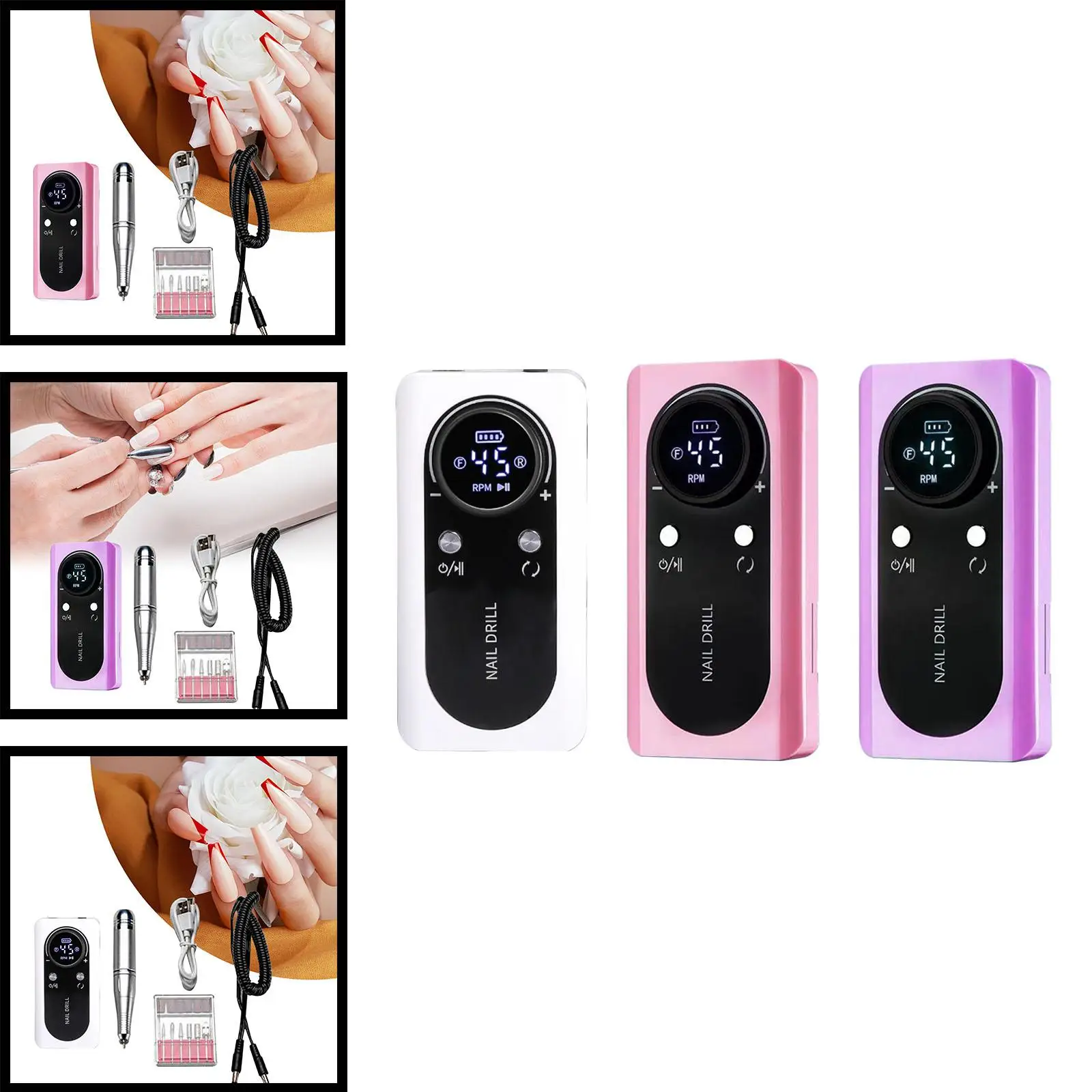 Electric Nail Drill Machine 45000RPM Rechargeable Manicure Pedicure Kits for Polishing Cutting Removing Trimming Acrylic Nail