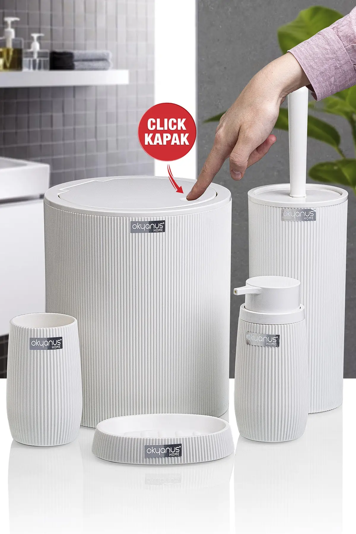 

5 Piece Bathroom Accessories Set Trash Can Toothbrush Holder Soap Dispenser Liquid Soap Set Round Striped Hard Plastic