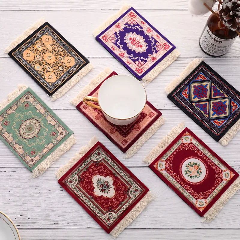

Retro Style Carpet Pattern Mini Persian Woven Rug Mat Mousepad Cup laptop C Mouse Pad with Fring Home Office Table Decor Craft