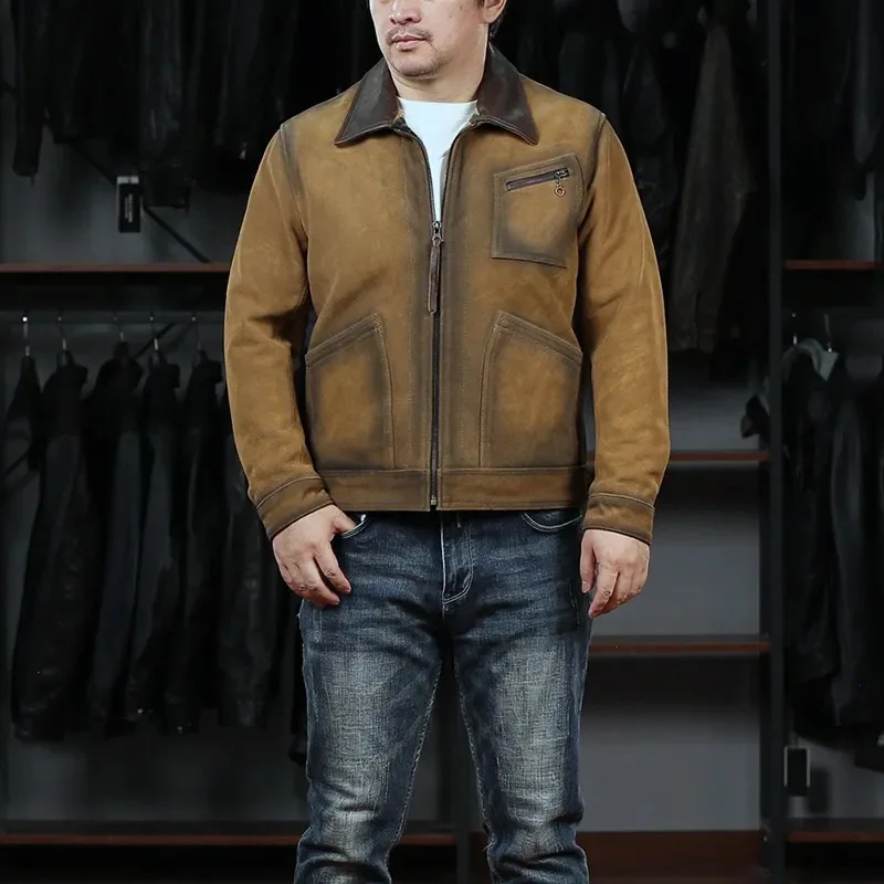 

New High Quality Promote Retro Yello Brown Design Genuine Leather Jacket Men's Short Flip Suede Vintage Cow Skin Clothing