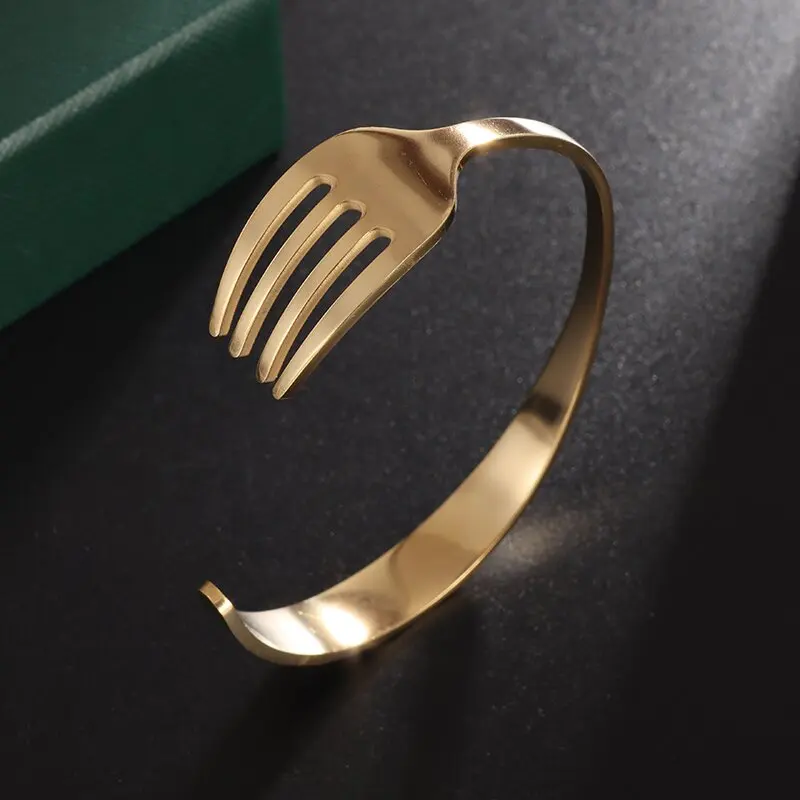Stainless Steel Bracelet Simple Curved Cutlery Fork Cuff Fun Tricolor Open Men Ladies Hip Hop Cool Jewelry