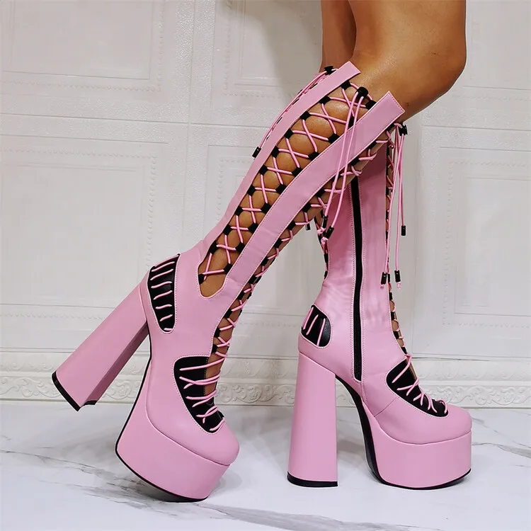 

RIBETRINI Pink Punk Style Round Toe Plaform High Heels Cutout Summer Knee High Boots Zipper Brand Designer Fashion Shoes Boots