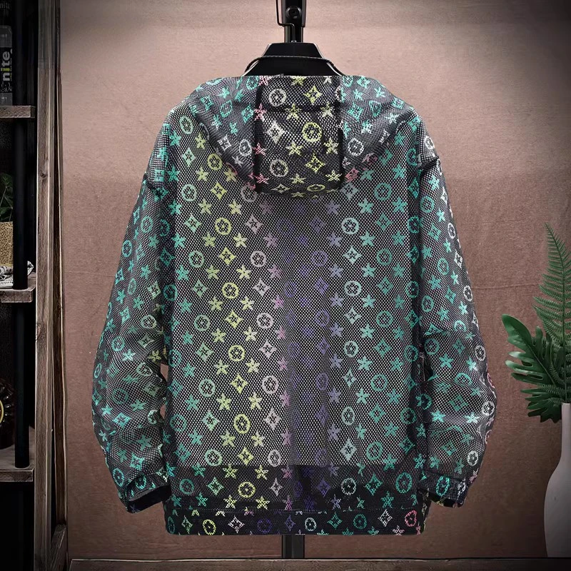 Men's Summer Ins Breathable Hollow out Hooded Sun Protection Clothing Couple's Same Gradient Color Mesh Loose Casual Jacket