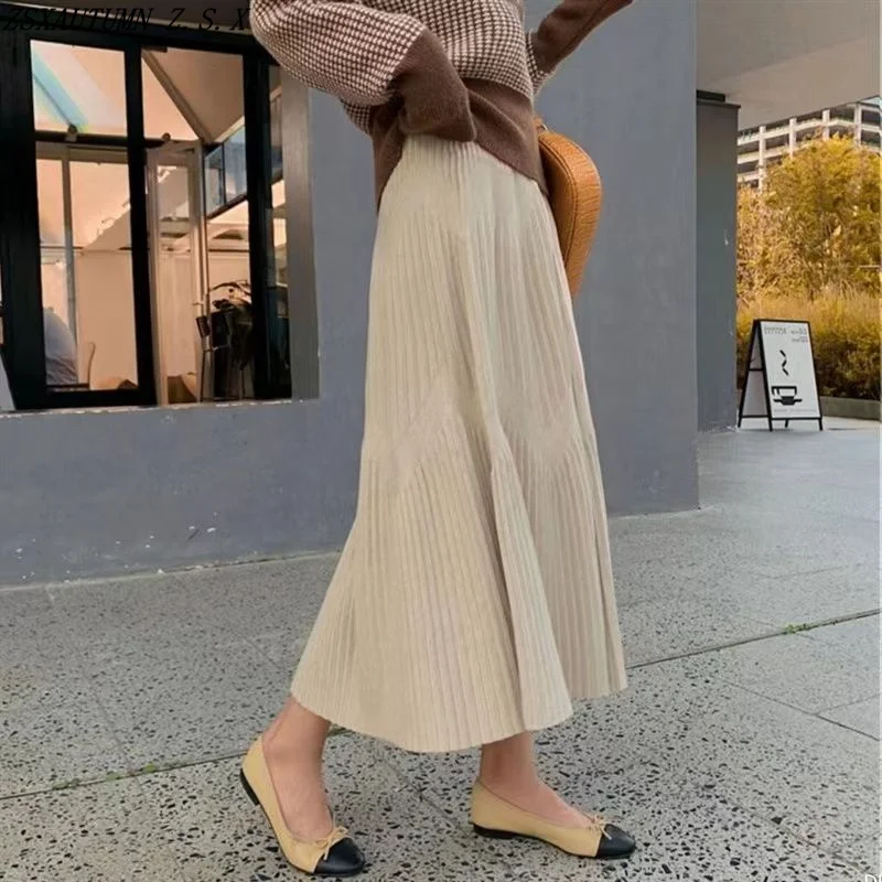 

Korean Autumn Winter New Women High Waist Pleated A-line Knitted Half Skirt Lovely Fashion Hip Wrap Skirt Female Vintage Skirts
