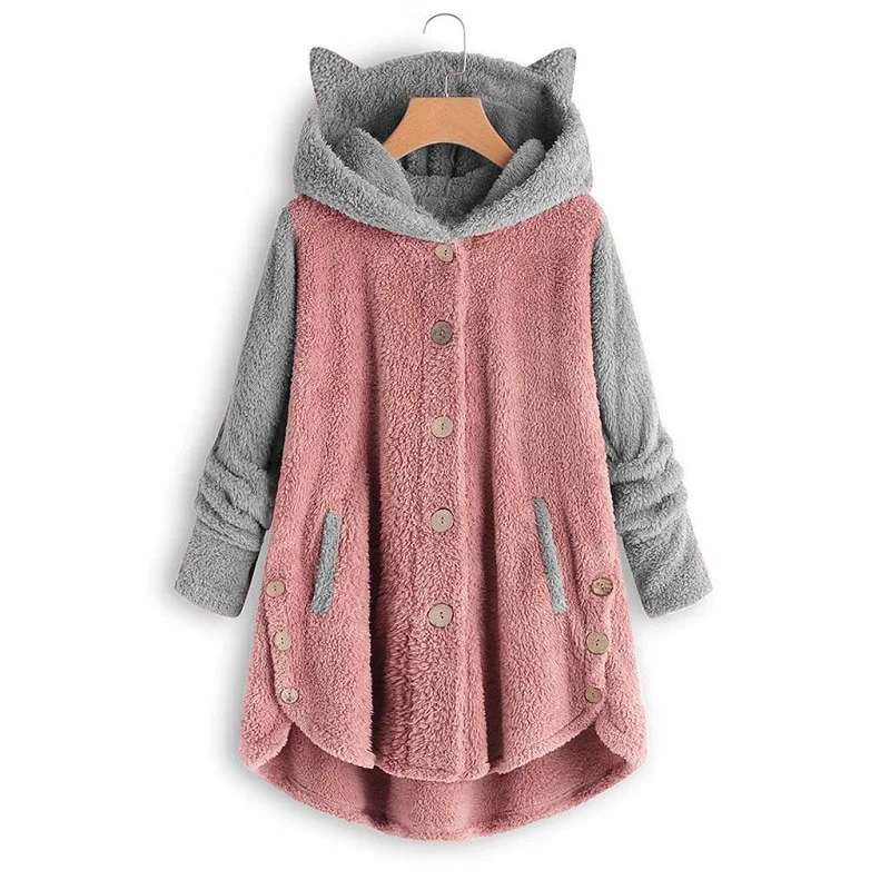 Cat Print Long Hoodies Sweatshirt Women Fleece Warm Button Pocket Pullovers Cat Ear Plus Size Hoodie Top Blouse Sweat Femme 3