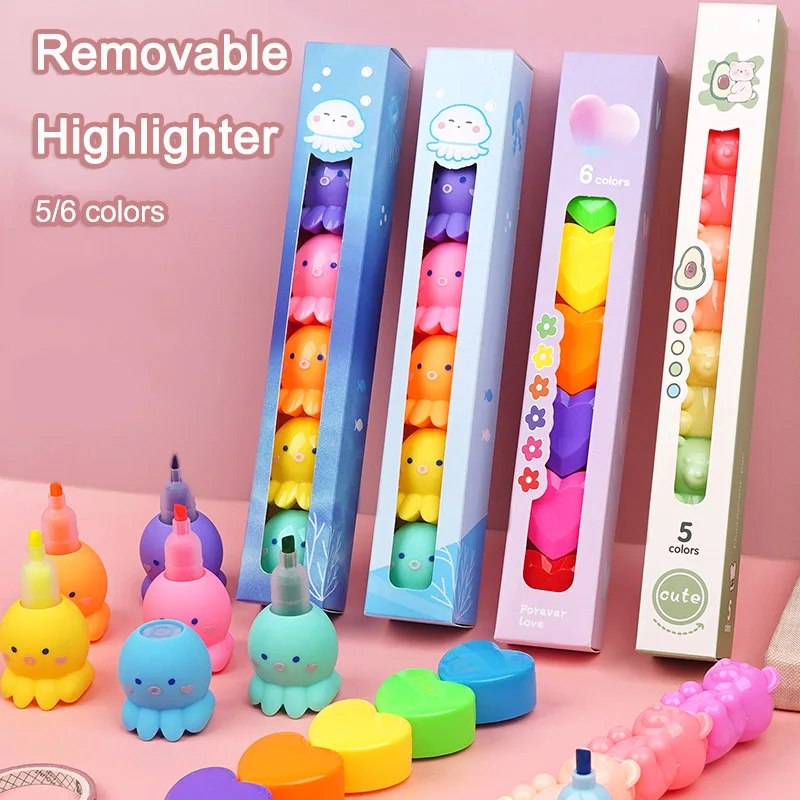 5 Colors Octopus Bear Fluorescent Marker Pen Set Highlighter Pens Painting Highlight Cartoon modeling Fluorescent pen