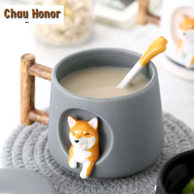Cartoon Ceramic Mug Cute 3D Shiba Inu Pattern With Lid Spoon Girls Favorite Gift Brew Milk Tea Couple Drinking Water Coffee Cup