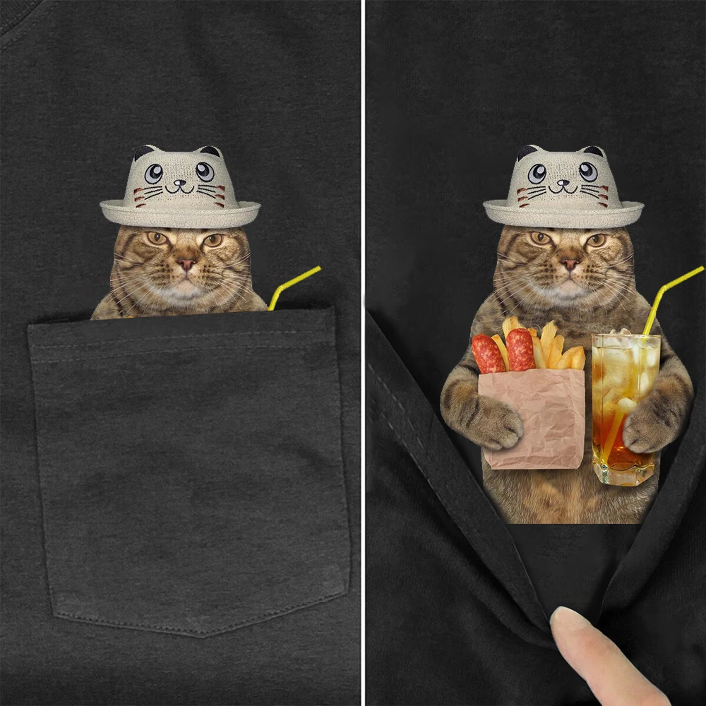 

Модная хлопковая футболка с карманами, футболка с принтом кошки съедобной гамбургера, мужские и женские Рубашки, Топы в стиле хип-хоп, повседневные хлопковые футболки, Прямая поставка