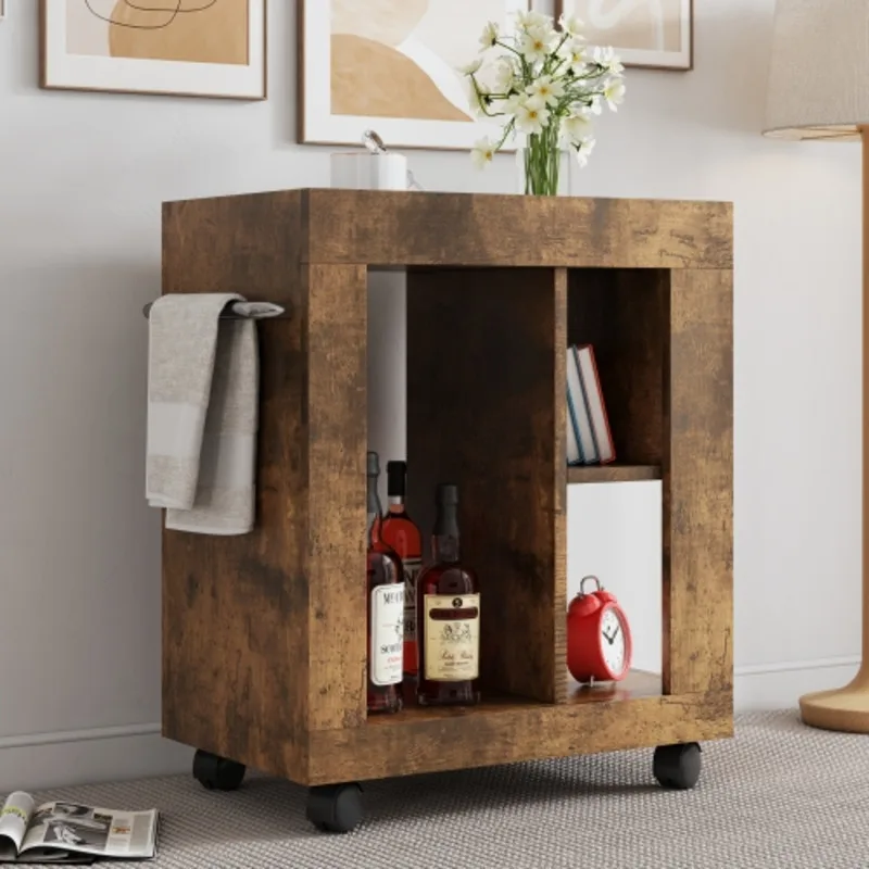 Mid-Century Modern Style Movable Side Cabinet Sofa, Household Brown Trolley Storage Locker And Shelf For Living Room 4