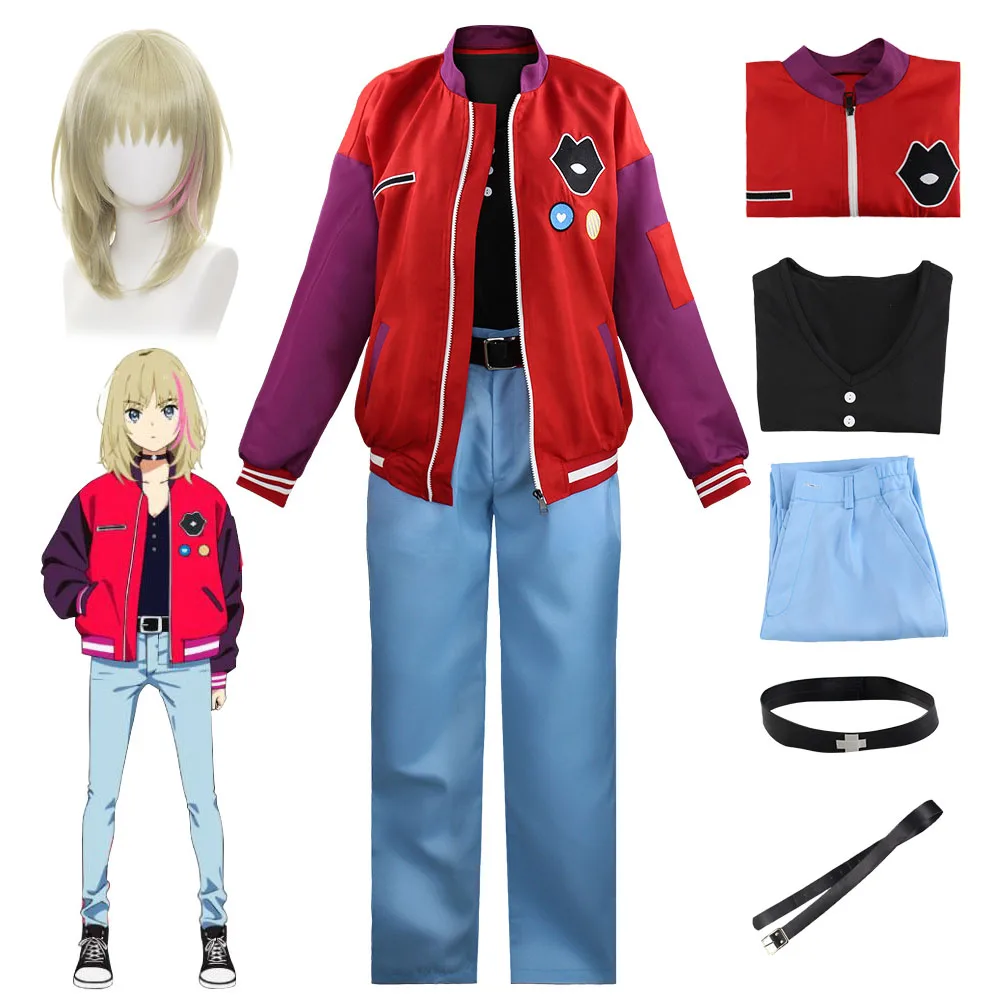 

Anime WONDER EGG PRIORITY Kawai Rika Cosplay Costume Uniforms Suit Fashion Red Jacket Jeans Tops Wig Halloween Party Role Play