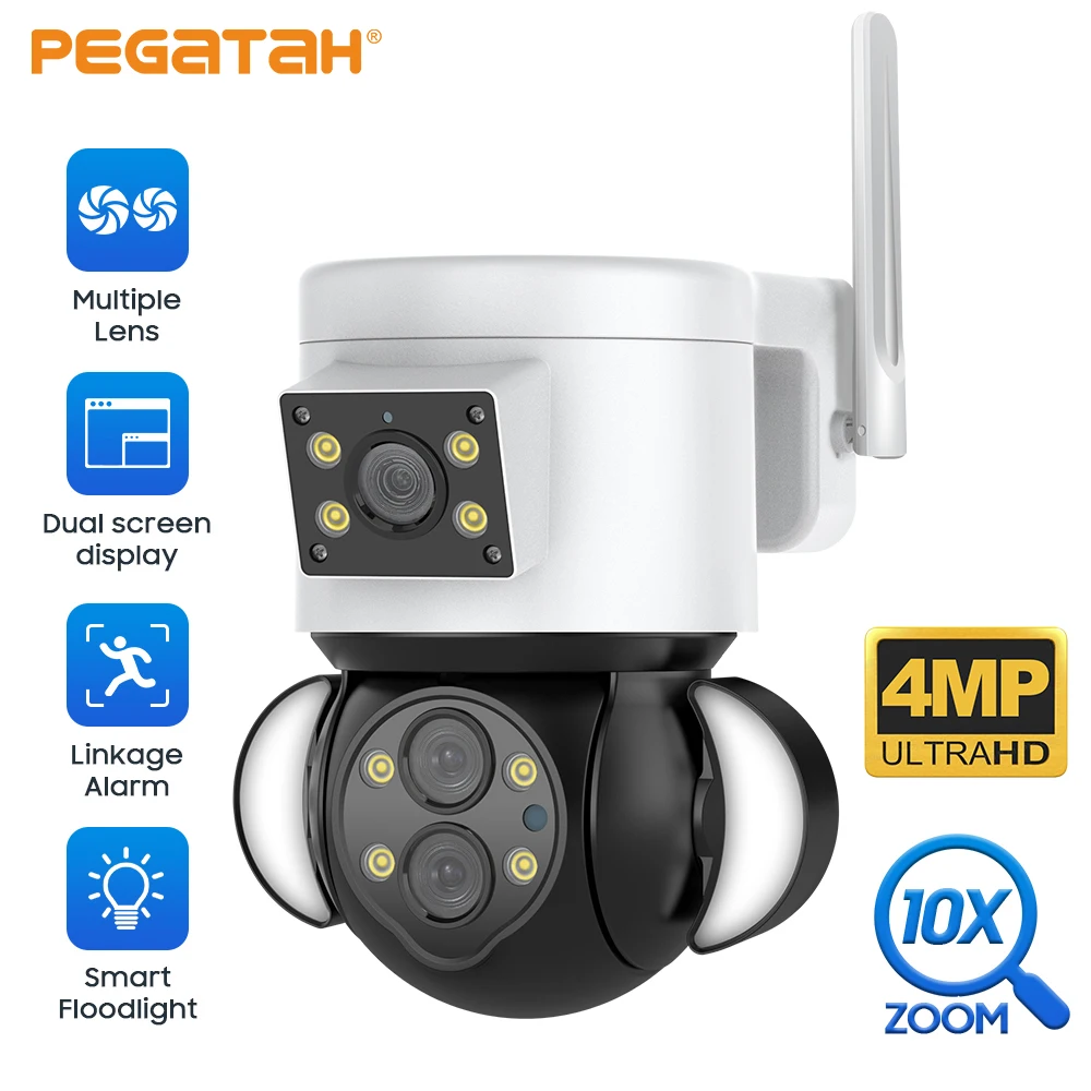 

4MP WIFI Dual Lens IP Cameras 10X Surveillance Camera PTZ Outdoor Security Auto Tracking Cam Smart Floodlight Waterproof