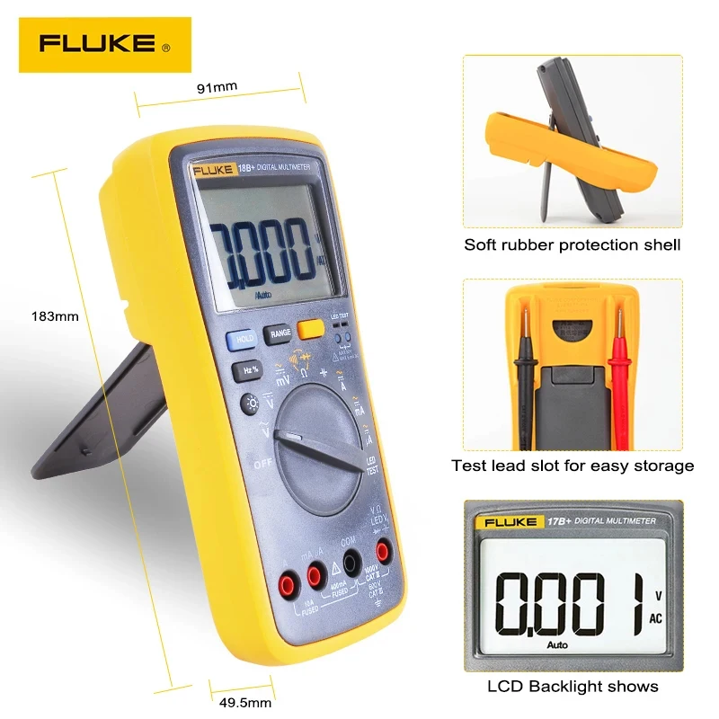 Fluke-multímetro Digital automático 15B MAX 17B MAX 18B +, DMM, AC/DC/diodo/R/C, probador de voltaje y corriente