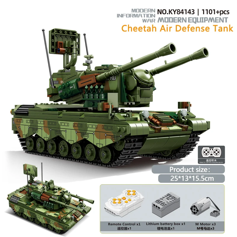 

84143 1101+PCS KAZI Army Cheetah Air Defense Tank Remote Control DIY Creative Building Block Model Children's Education Toy Gift