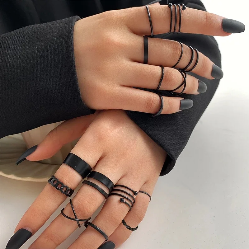 16Pcs/set Punk Finger Rings Minimalist Smooth Gold Color Black Geometric Metal Rings for Women Girls 2022 Trendy Party Jewelry 1