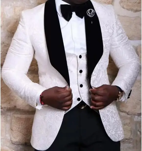 

New Arrivals One Button White Groom Tuxedos Shawl Lapel Groomsmen Best Man Suits Mens Wedding Suits (Jacket+Pants+Vest+Tie)