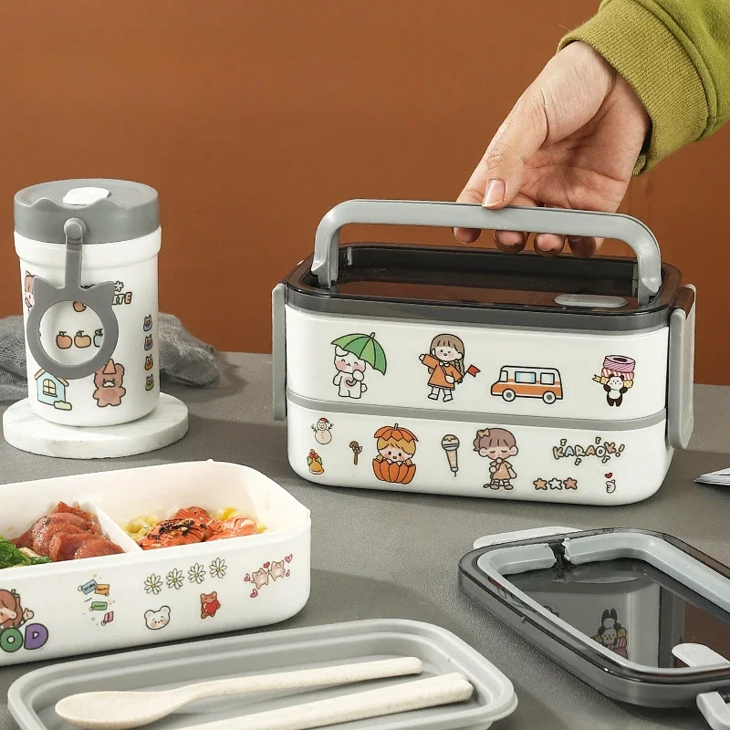 Children Double-layer Lunch Bento Box Portable Compartment Fruit Food Box Microwave Lunch with Fork and Spoon Picnic Fresh