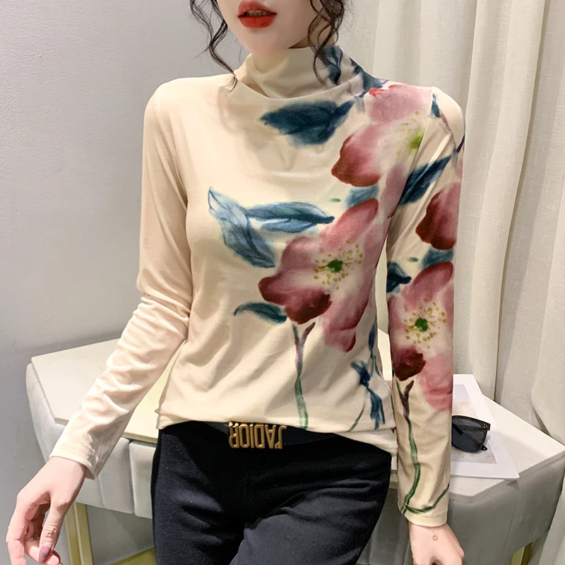 

Spring Fall Vintage Clothes Pleuche T-Shirt Chic Sexy Print Flower Women's Tops Long Sleeve Bottoming Shirt Slim New Tees 32022