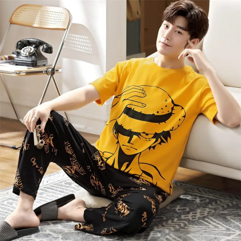 mens pjs Mens Pajamas Set Summer Cartoon Leisure Pyjamas For Boy Monkey Luffyed Anime 2Pack Pijama Home Nightwear Plus 4XL 5XL 2022 Hot cotton short pyjamas Pajama Sets