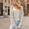 2024 Autumn/Winter Fashion New V-neck Solid Color Off Shoulder Loose Solid Color Knitted Shirt for Women 3