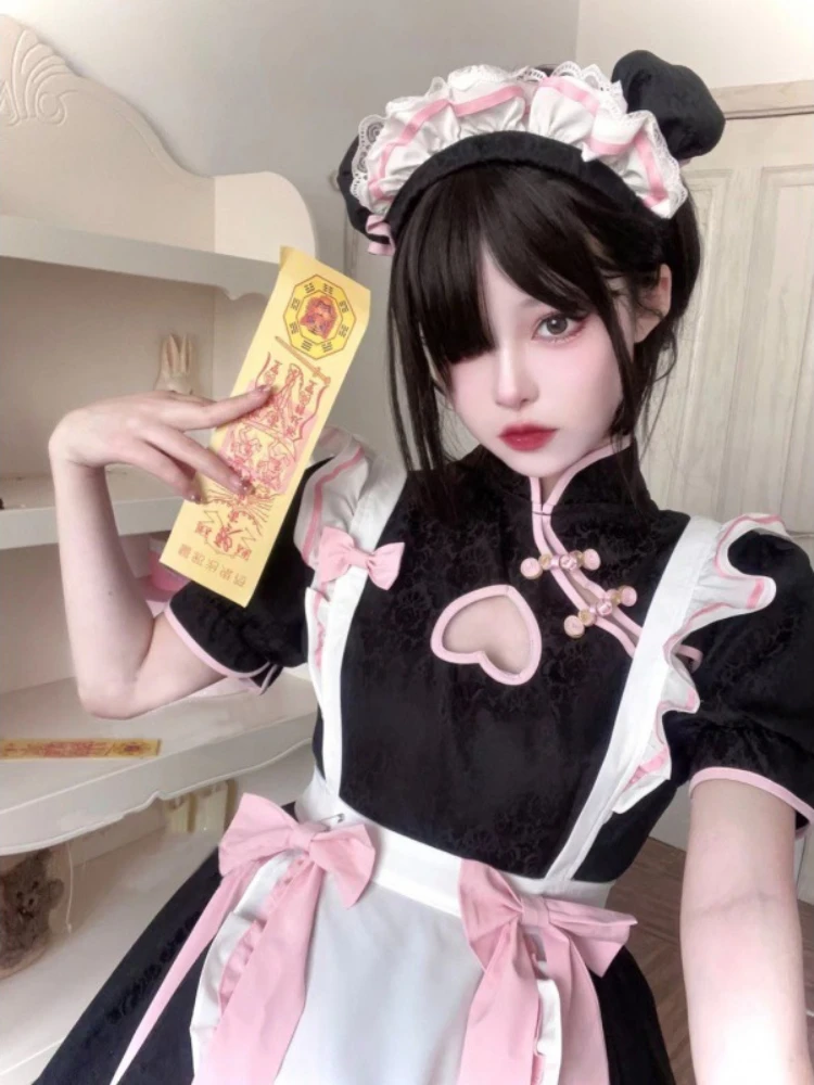 Cafe Lolita Dress Maid Costumes Cosplay Naughty Animation Show Sexy Waitress Outfit Exposed Chest Bow Ties Skirt Ball Gowns Plus