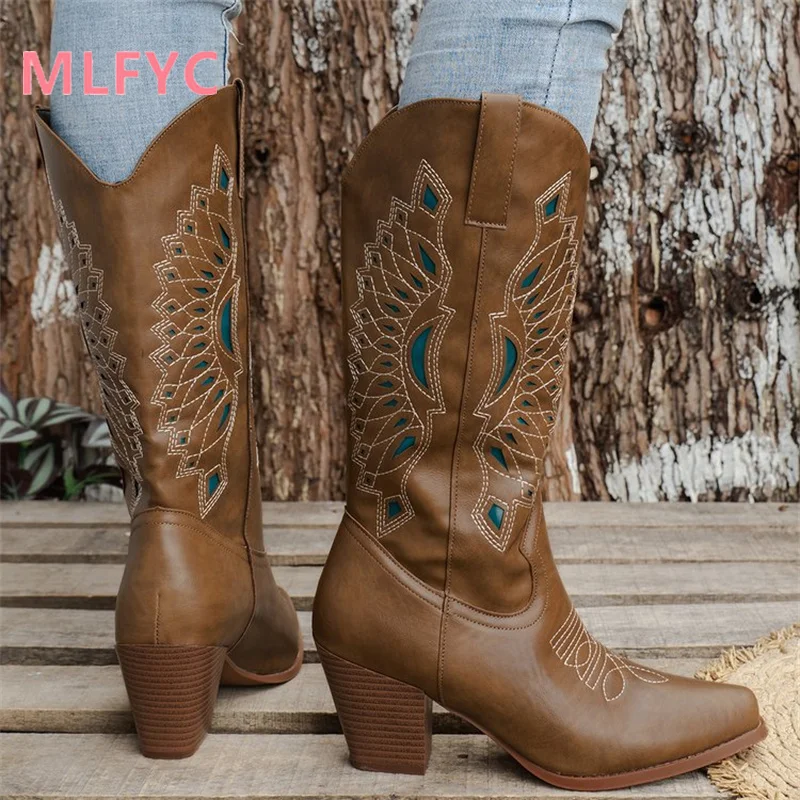 Western Cowboy Boots Embroidered Retro Long Boots Women's 2023 New Women's Thick Heel Mid Sleeve V-Neck Knight Boots