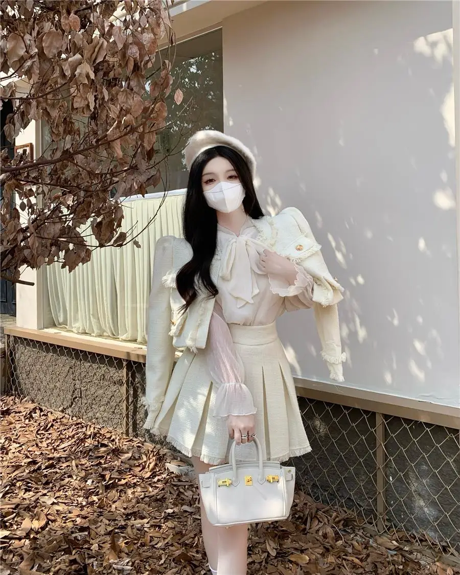 Autumn New French Vintage Tweed Two-Piece Skirt Set Women Short Jacket Coat + Pleated Mini Skirt Suits Korean Luxury Outfits