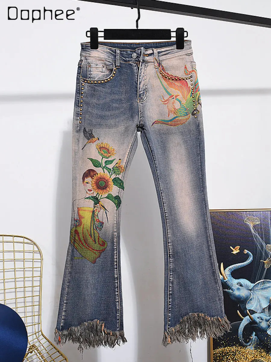 Low Rise Jeans Distressed Printed Jeans for Women 2023 Spring and Summer New Exquisite Flowers Beaded Trousers Flare Jeans