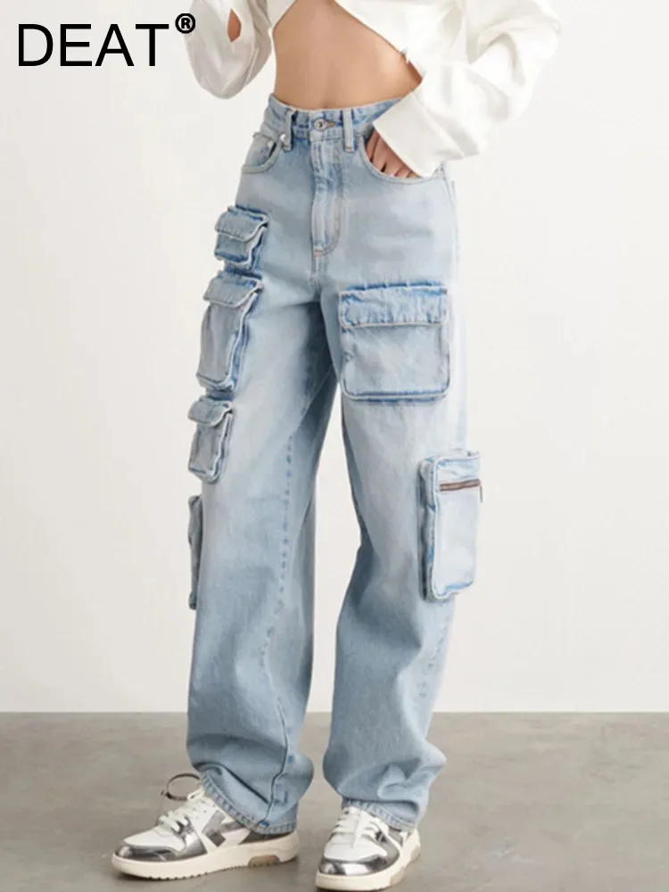 

DEAT Fashion Women's Denim Trousers High Waist Loose Multiple 3D Pockets Button Full-length Washed Jeans Winter 2024 New 17A5578