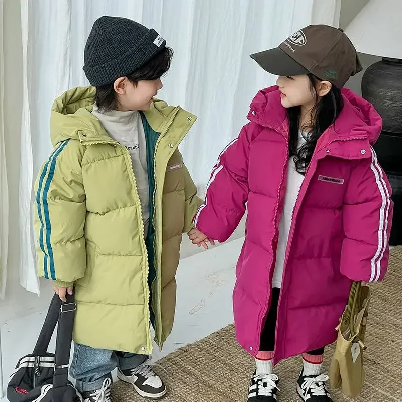 

Thickening Fashion Warm Hooded Jacket Korean Down Overcoat Winter Boys Girls Plus Velvet Children's Clothing 2-9 Years Old
