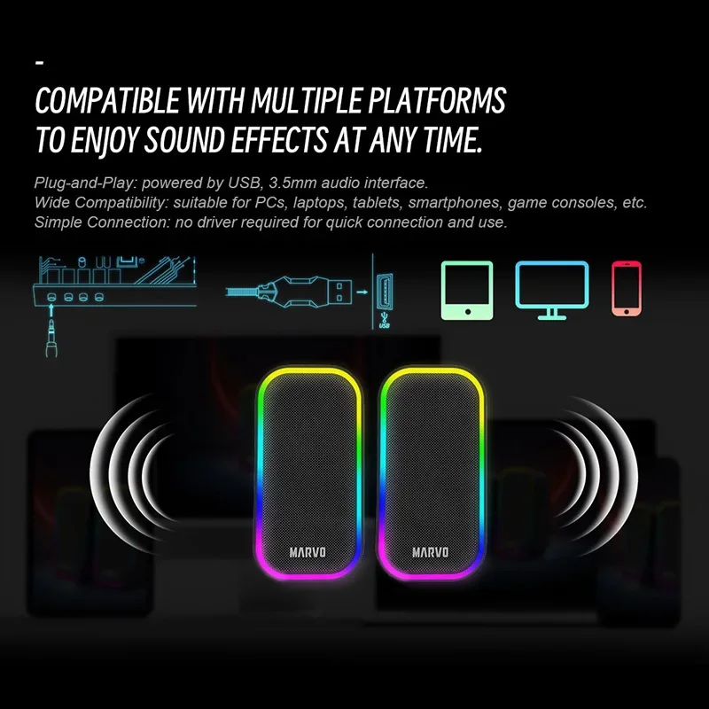 Marvo SG-285 유선 USB 스피커 RGB 조명 5 모드 스테레오 사운드 볼륨 조절 PC 용 전 범위 플라스틱 데스크탑 컴퓨터 스피커